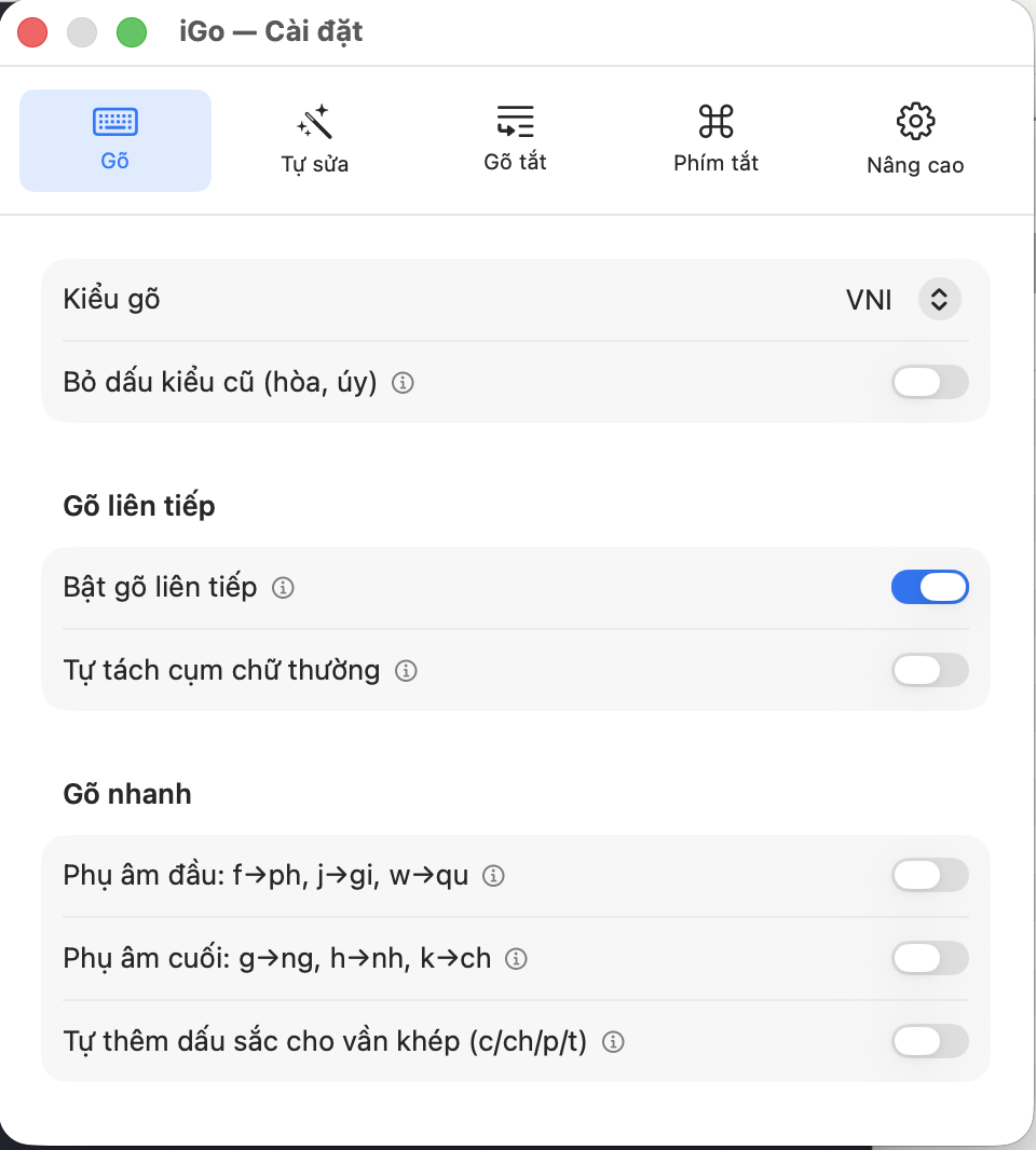 Màn hình cài đặt Gõ của iGo