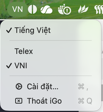 Biểu tượng VN của iGo trên thanh menu macOS, menu nhanh đang mở: bật/tắt Tiếng Việt, chọn Telex hoặc VNI, mở Cài đặt, thoát iGo